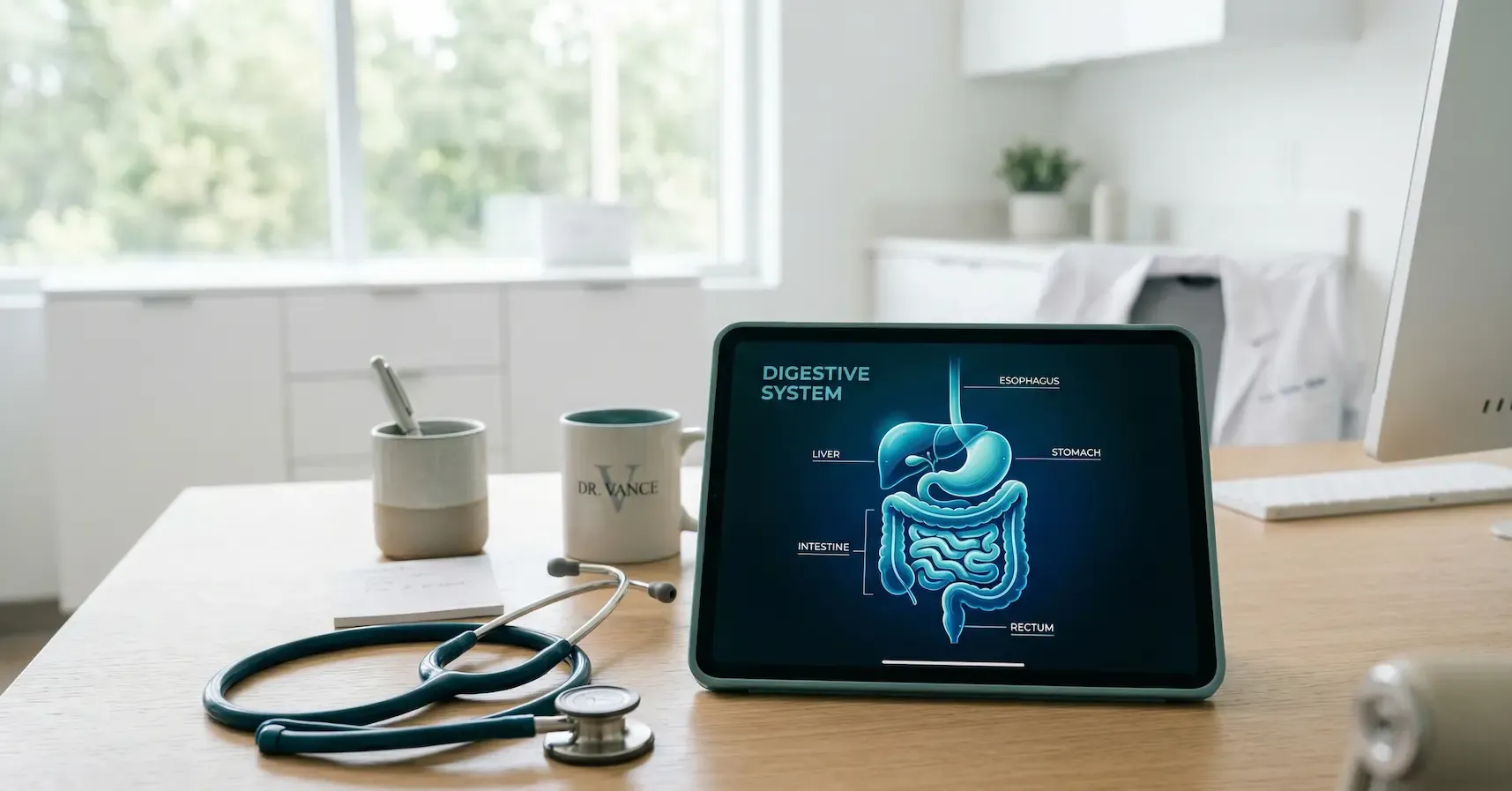 A tablet displays a glowing digital diagram of the human digestive system on a desk with a stethoscope and mugs.