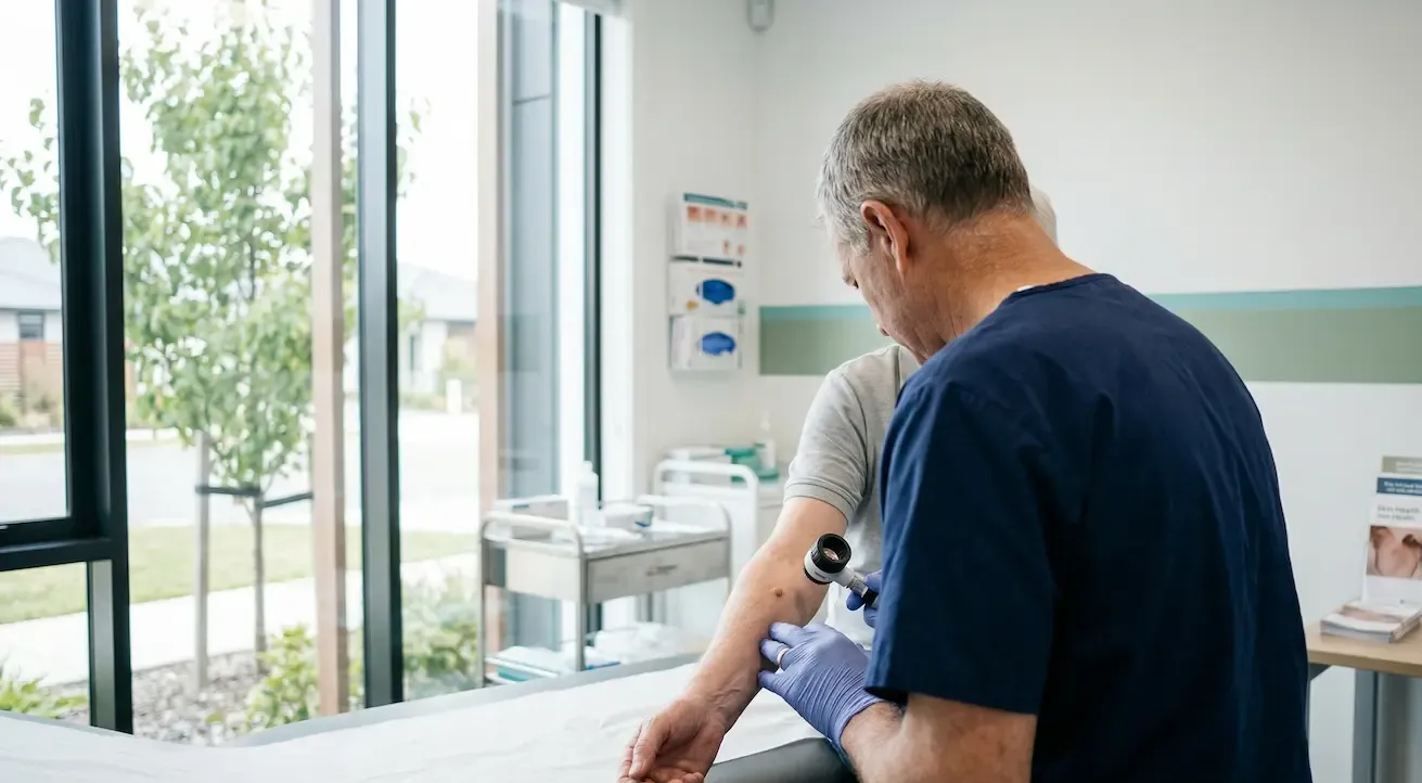A clinician examines a skin lesion on a patient's arm using a dermatoscope in a clinical office.