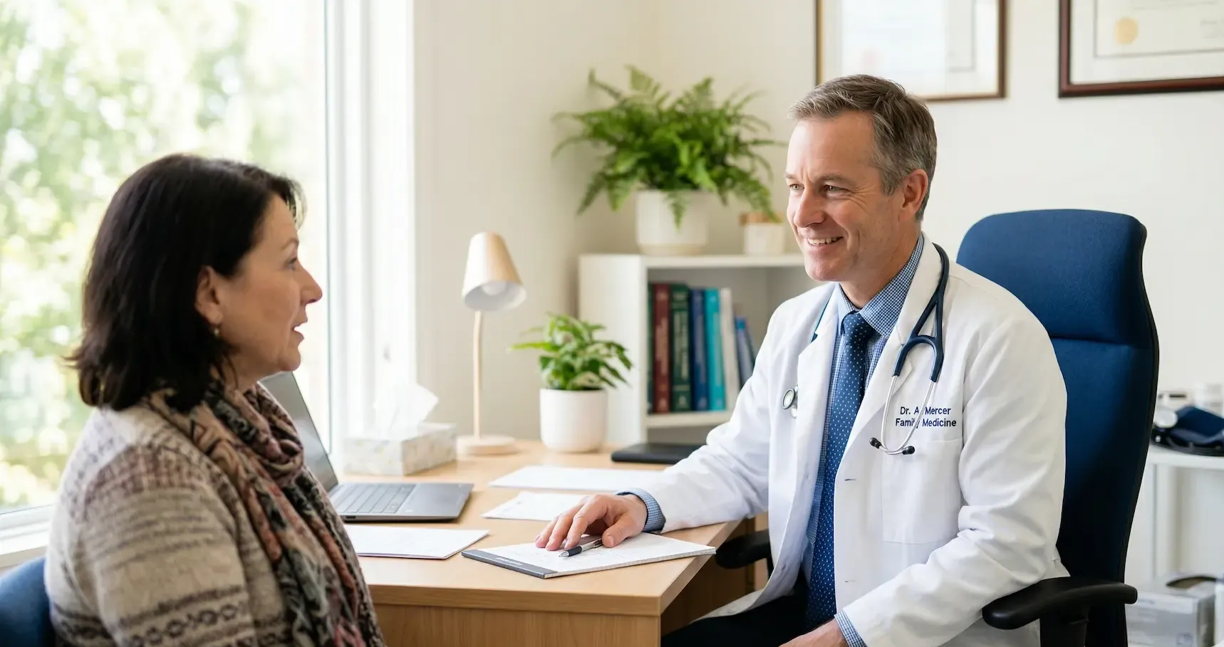A professional in a white coat sits at a desk, smiling while listening to a patient in an office setting.