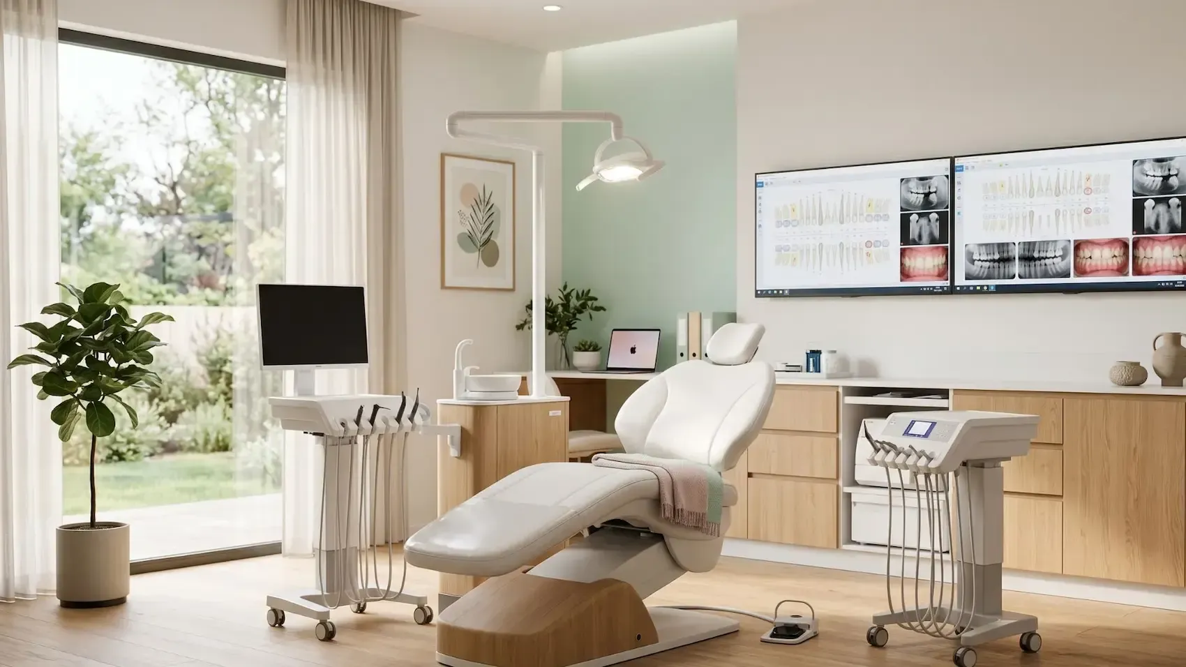 Bright dental clinic with reclining chair, monitors, cabinets, and large windows overlooking greenery