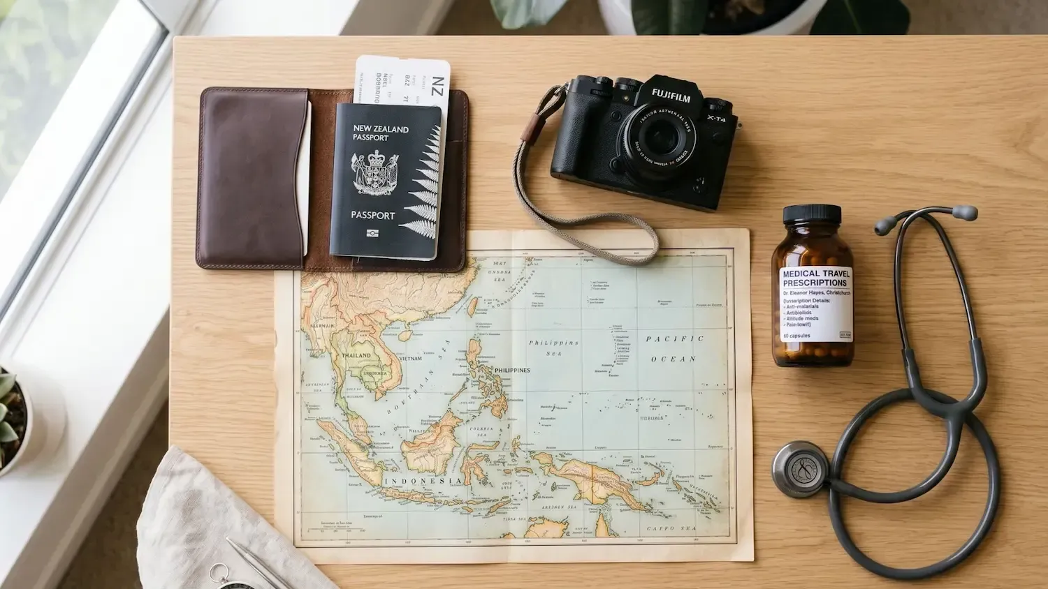 Travel essentials on a wooden table: passport, notebook, camera, map, binoculars, and a bottle of medicine.