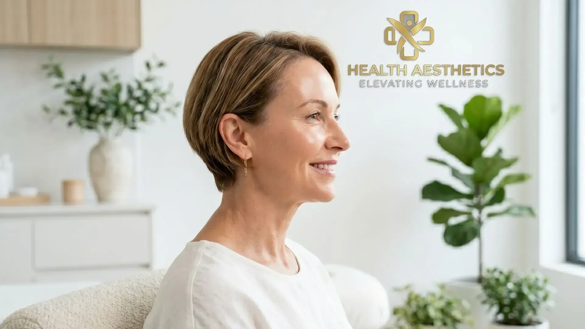 Smiling woman in a bright wellness clinic with plants and “Health & Aesthetics” logo on the wall