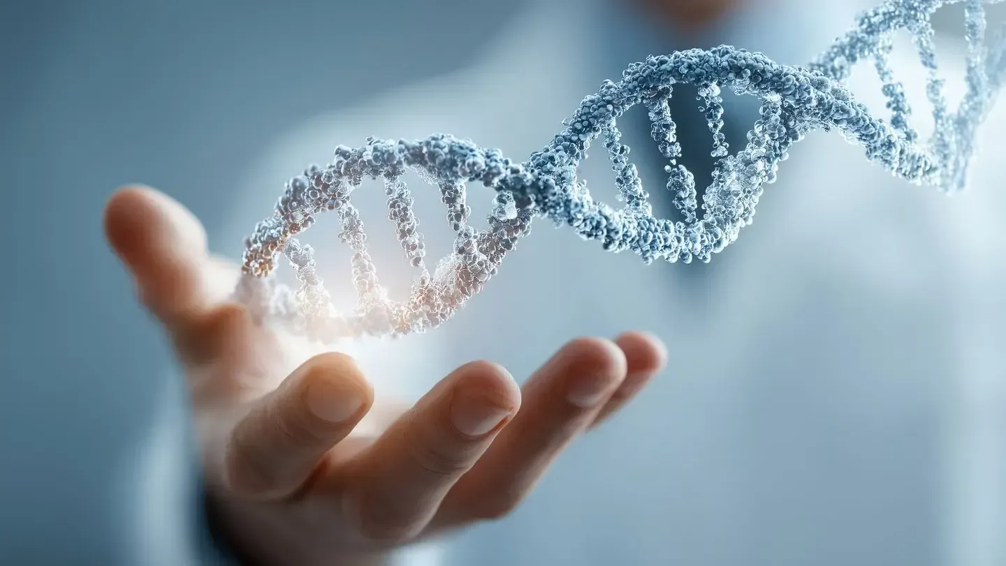 Hand holding a glowing DNA double helix, blurred background.