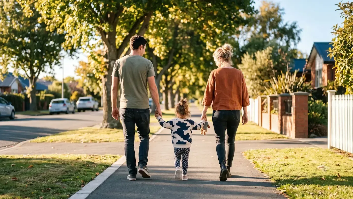 Three people walking hand in hand on a sunny suburban sidewalk, with trees and houses nearby.