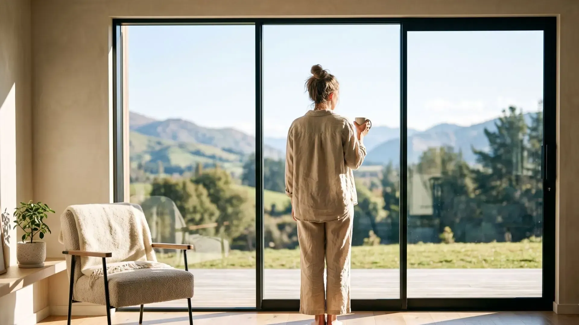 Person standing by large glass doors, looking out at a bright mountain and meadow view