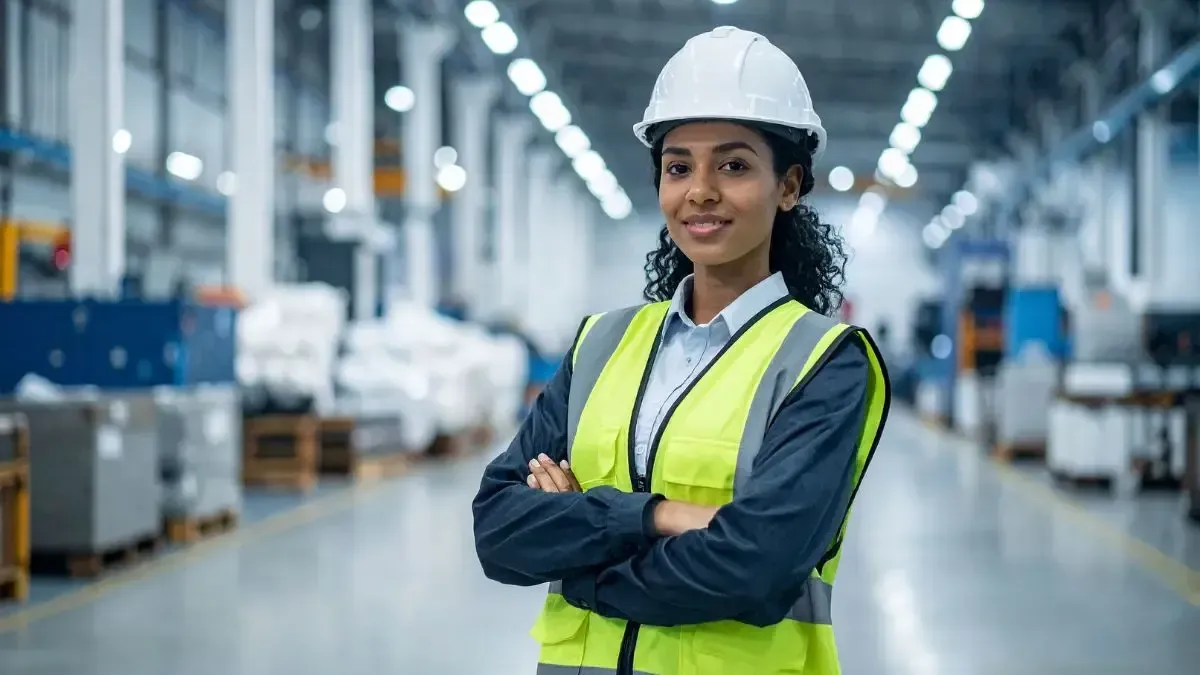Woman in a factory wearing a hard hat, safety vest, arms crossed, smiling, warehouse background.