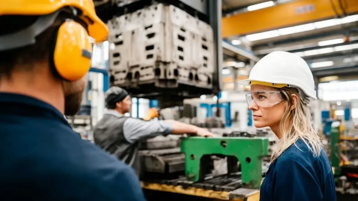 Two factory workers in safety gear, looking at machinery in a factory setting.