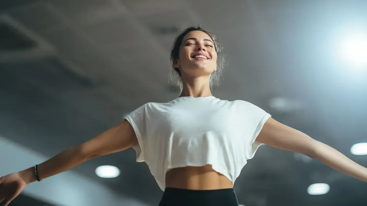 Woman in white crop top with arms outstretched, smiling. Gym setting, bright light.