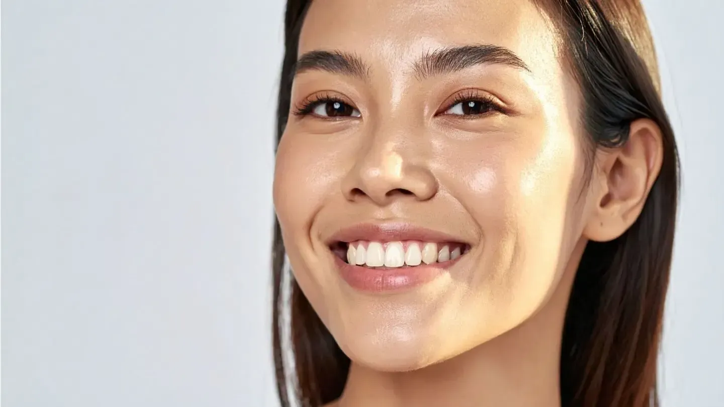 Woman with radiant, smiling face, highlighted by sunlight.