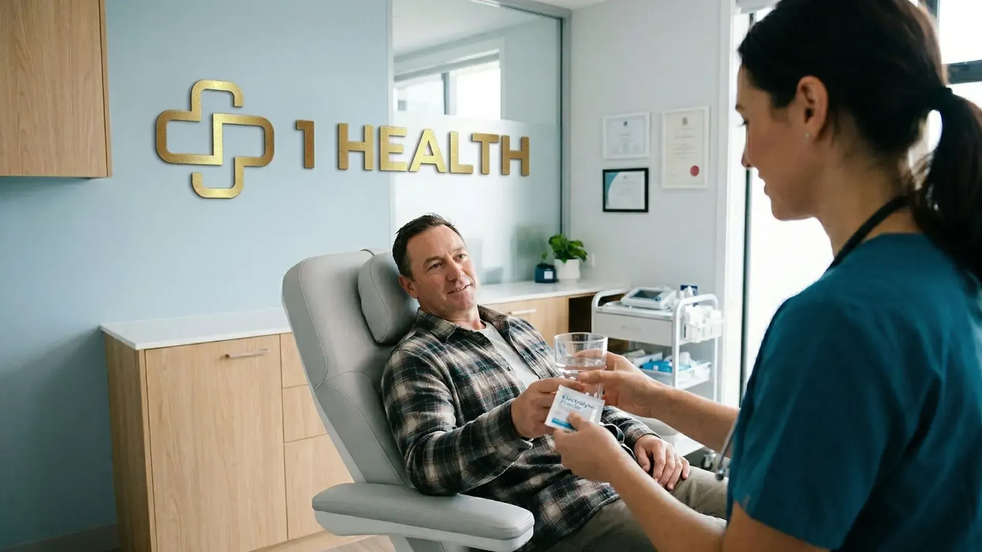 A healthcare professional hands a glass of water and a medication packet to a patient seated in a clinic exam chair.