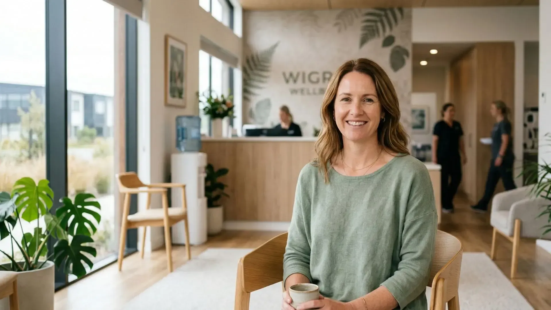 A person in a light green shirt sits in a modern, plant-filled medical reception area, smiling while holding a cup.