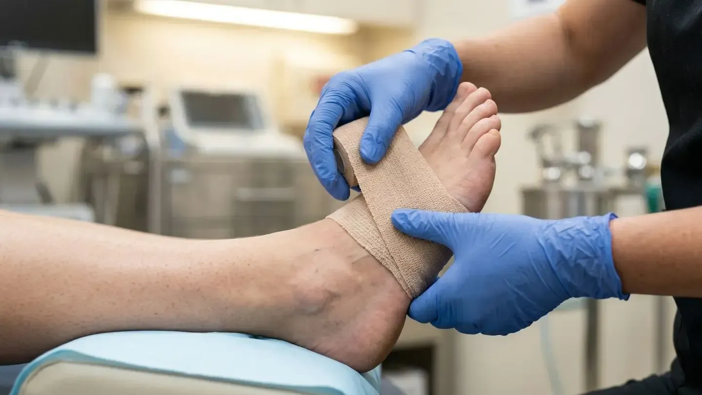 A medical professional in blue gloves wraps a patient's ankle with a tan elastic bandage in a clinic setting.