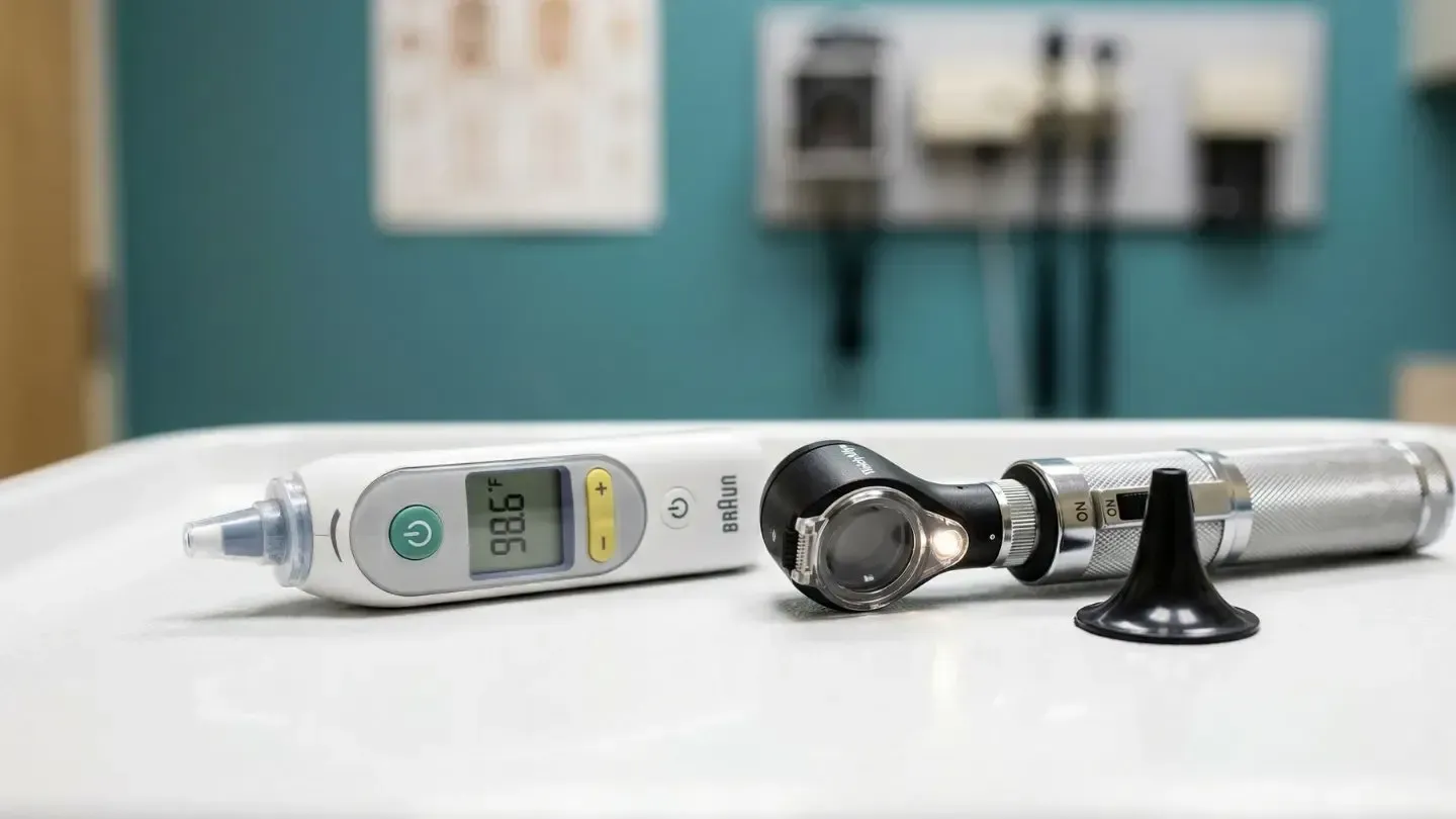 An ear thermometer and an otoscope with a disposable speculum rest on a white tray in a medical exam room.