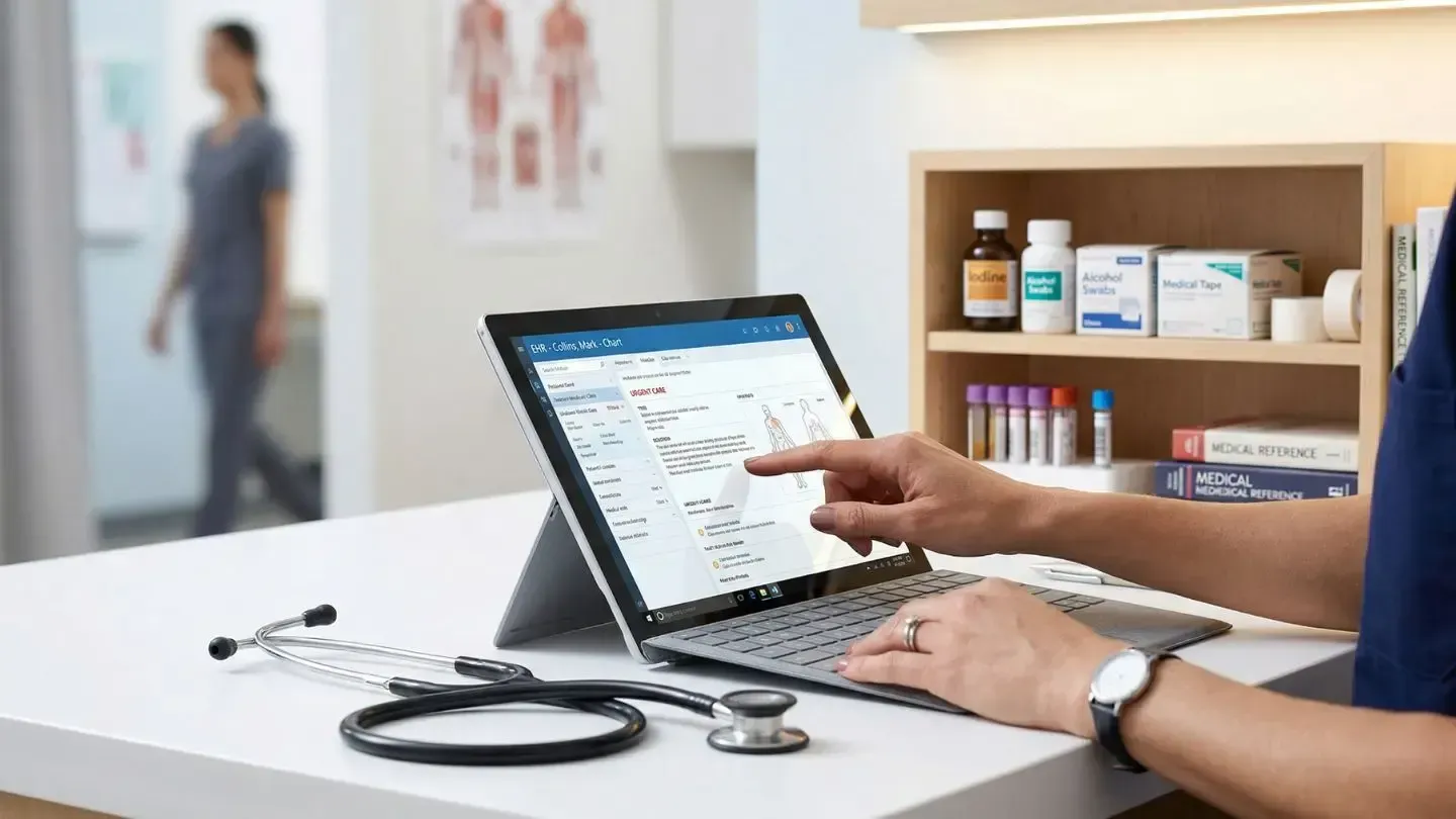 A medical professional points at a laptop screen showing digital records, with a stethoscope on a desk in a clinic.