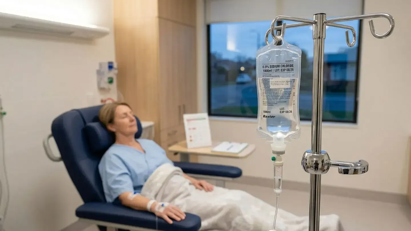 A person rests in a reclining chair in a medical suite, connected to an intravenous drip bag on a stand.
