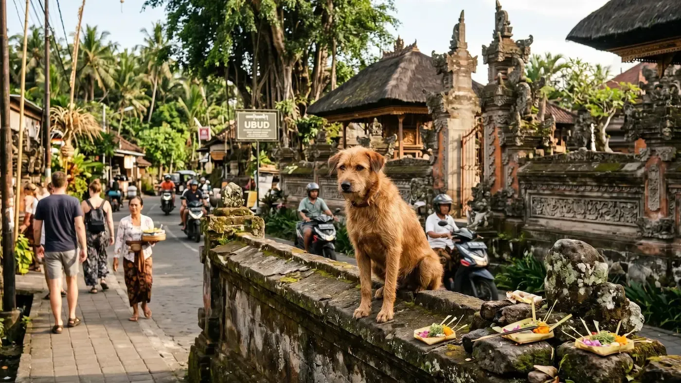 Brown dog sitting on a stone wall in a tropical temple courtyard with people walking nearby