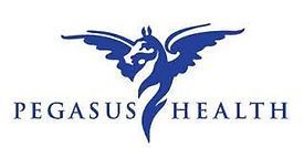 The logo for pegasus health shows a horse with wings.