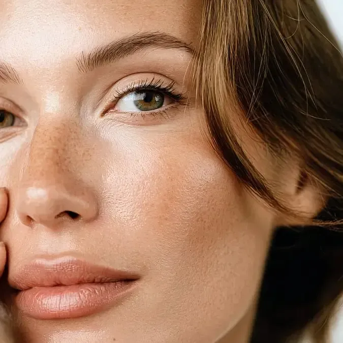 Close-up of a person with fair skin, freckles, and light brown hair. They are gazing gently with a serene expression.