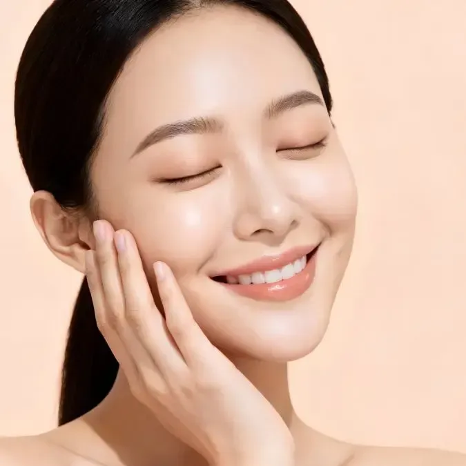 Woman with closed eyes smiling, touching cheek with hand, against peach background.