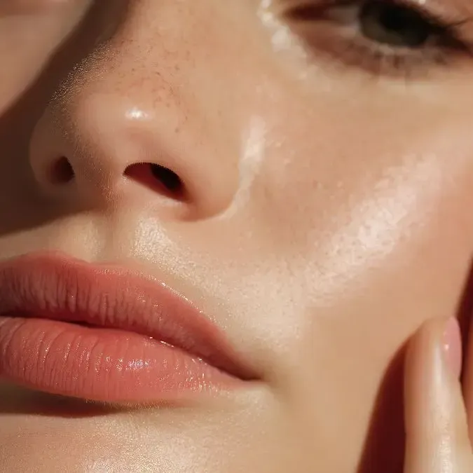 Close-up of a person's face; smooth, glowing skin; full lips; light pink makeup.