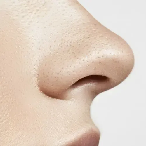 Close-up of a nose, showing the nostrils, bridge, and surrounding skin texture.