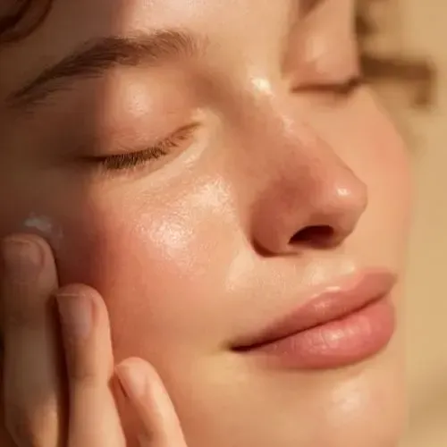 Close-up of a person's face with closed eyes, applying cream, with dewy skin and soft lighting.