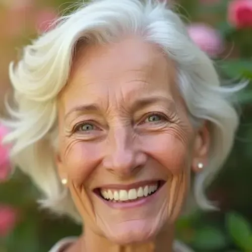 Smiling woman with short, white hair against a blurred background of pink flowers.