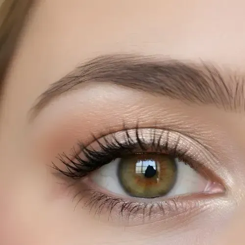 Close-up of eye with light brown eyeshadow, dark eyelashes, and green-hazel iris.