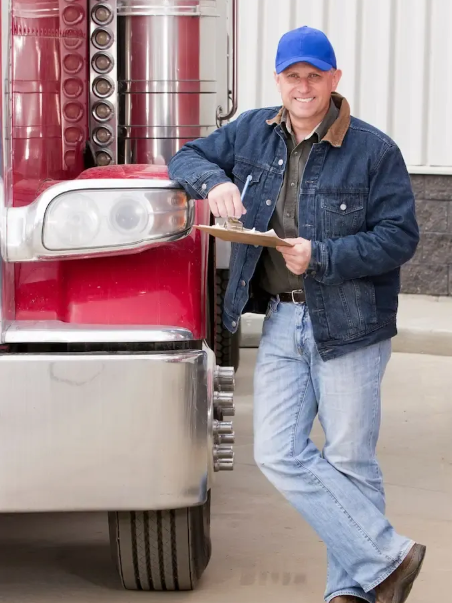 Truck driver in blue cap and denim jacket, holding clipboard, leans against red truck.