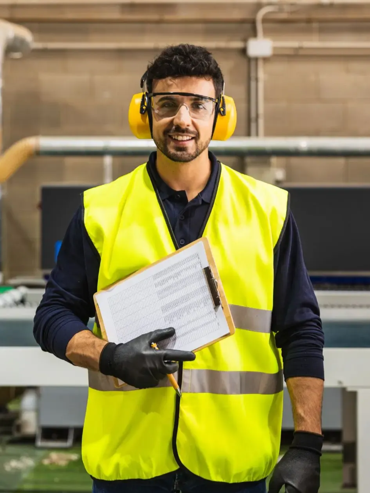 Factory worker in yellow vest and ear protection, holding clipboard, smiling.