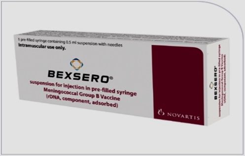 Box of BEXSERO meningococcal vaccine. White box with red accents, syringe is indicated for use. Made by Novartis.