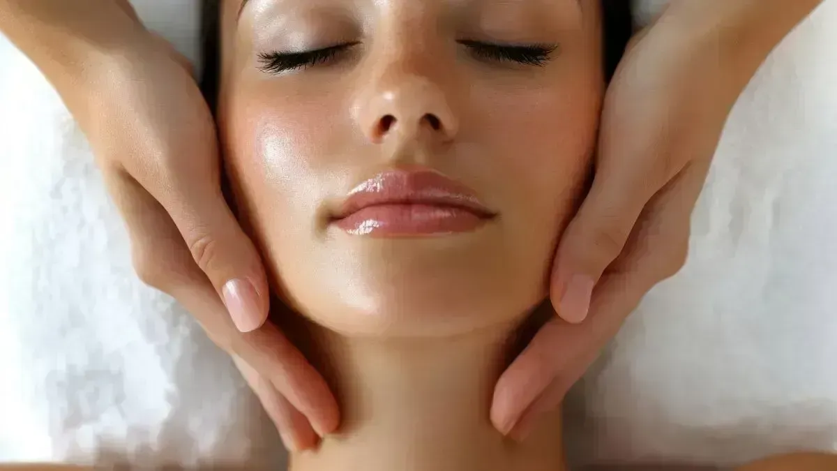 A pair of hands gently performs a soothing facial massage on a person with their eyes closed in a serene setting.