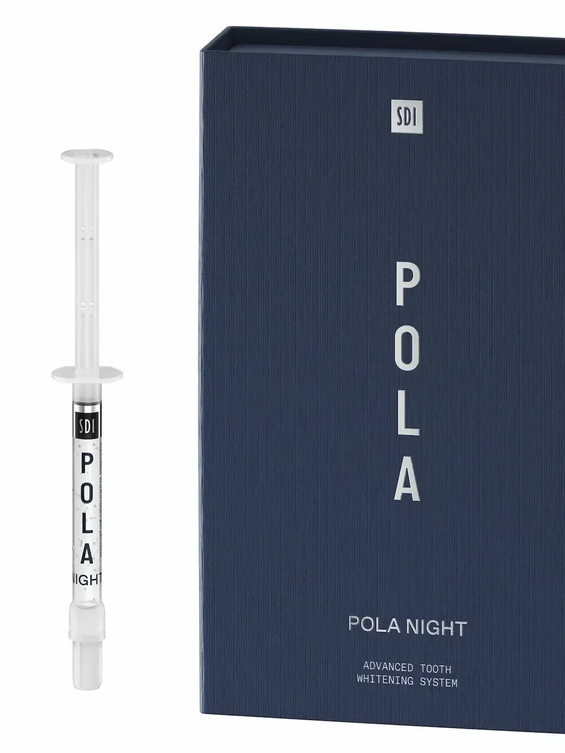 A syringe is sitting next to a box that says pola night.