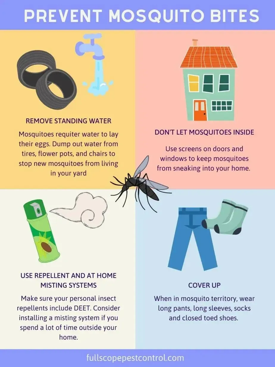 Infographic: Mosquito bite prevention. Four panels with tips: removing standing water, using screens, using repellent, and wearing long clothing.