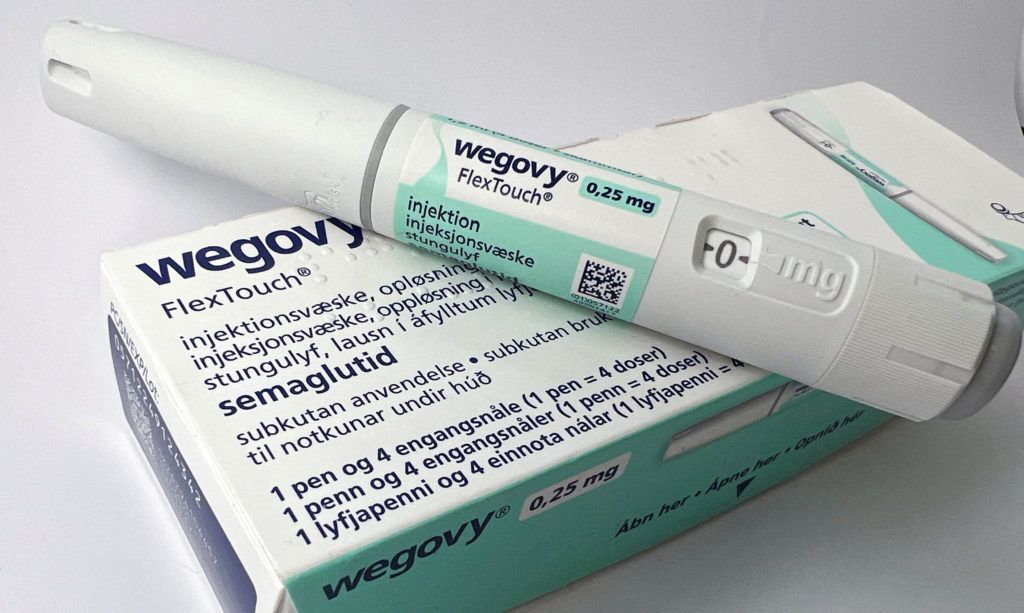 Wegovy 0.25 mg injection pen and box.