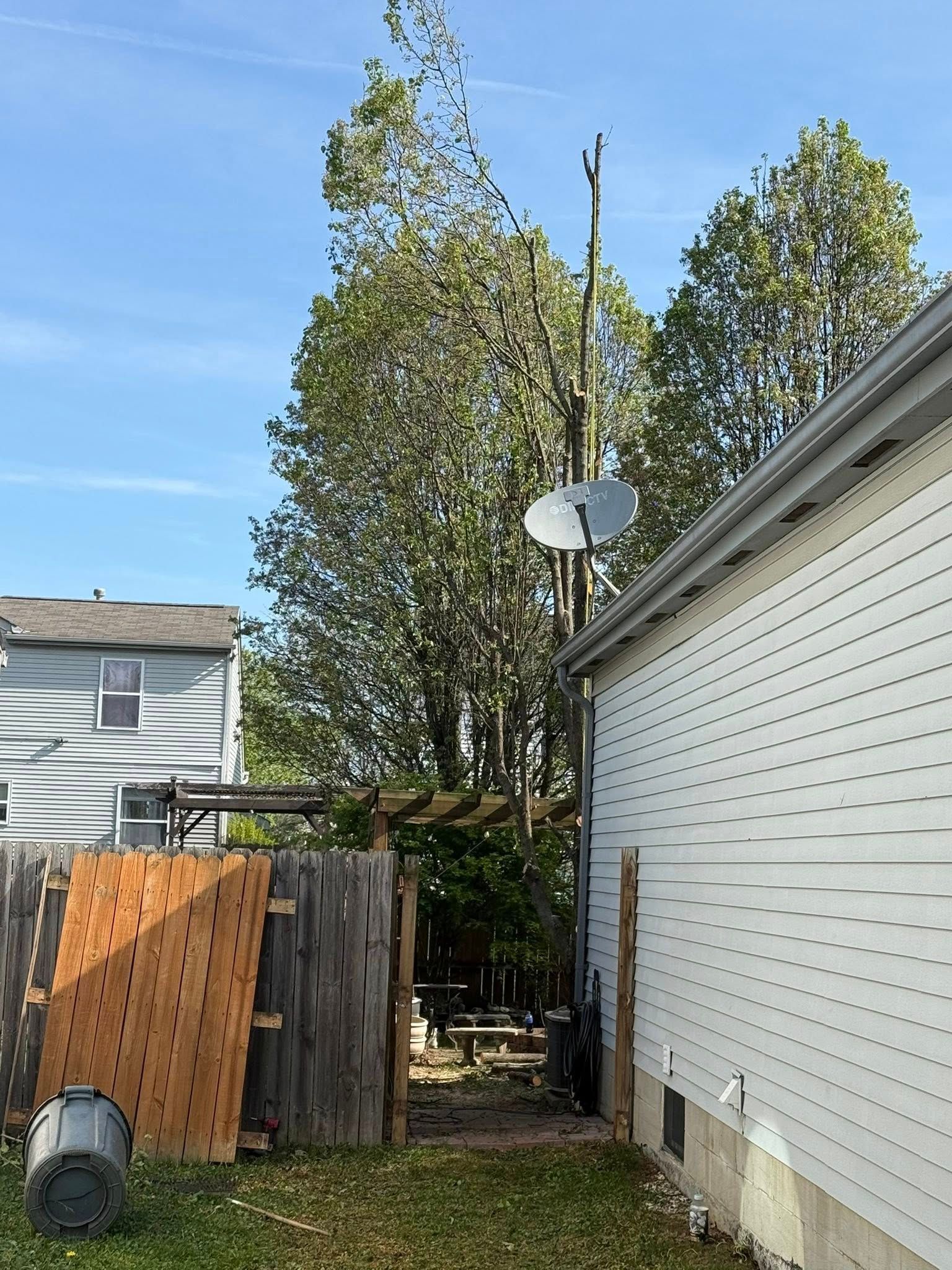 Backyard with a wooden fence, open doorway, and satellite dish on a pole near a white building under a blue sky.