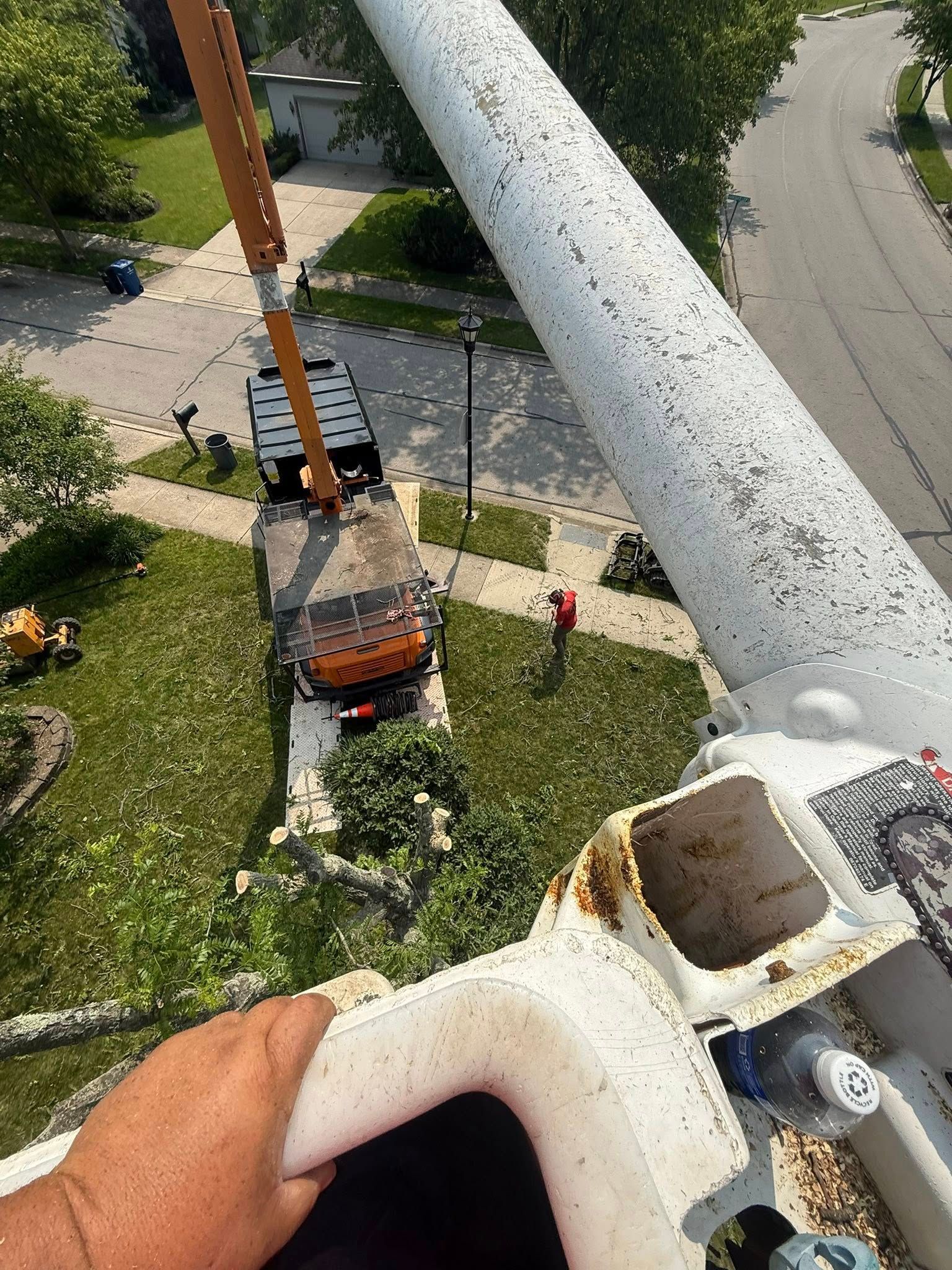View from a bucket lift. A truck is being lifted near a residential street, with green grass and trees.