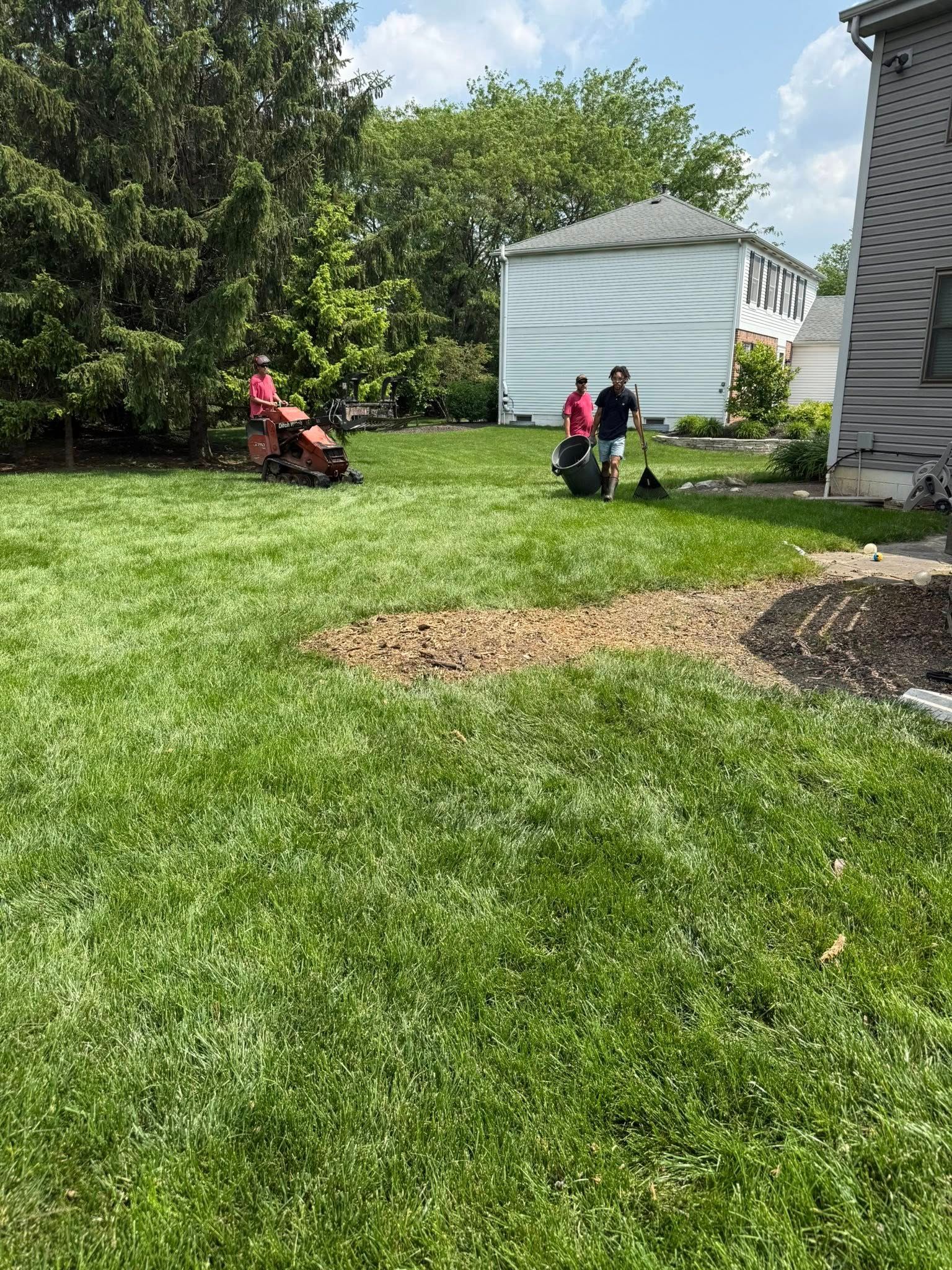 Lawn care workers are mowing and using a wheelbarrow in a green yard near houses.