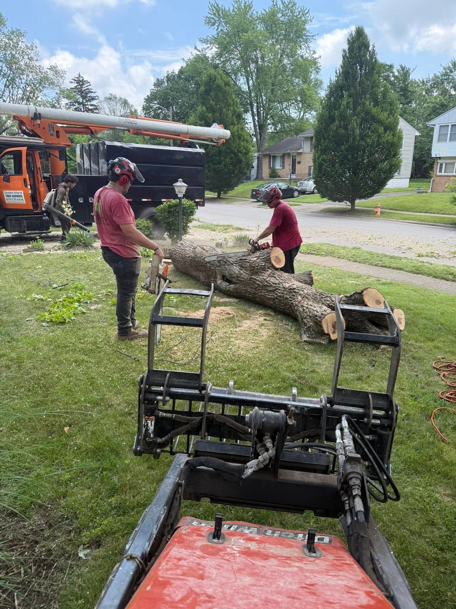 Two workers cutting a large log on a lawn with a bucket truck in the background.
