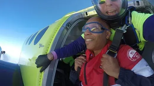 smiling AFF student during his first jump at kansas city drop zone