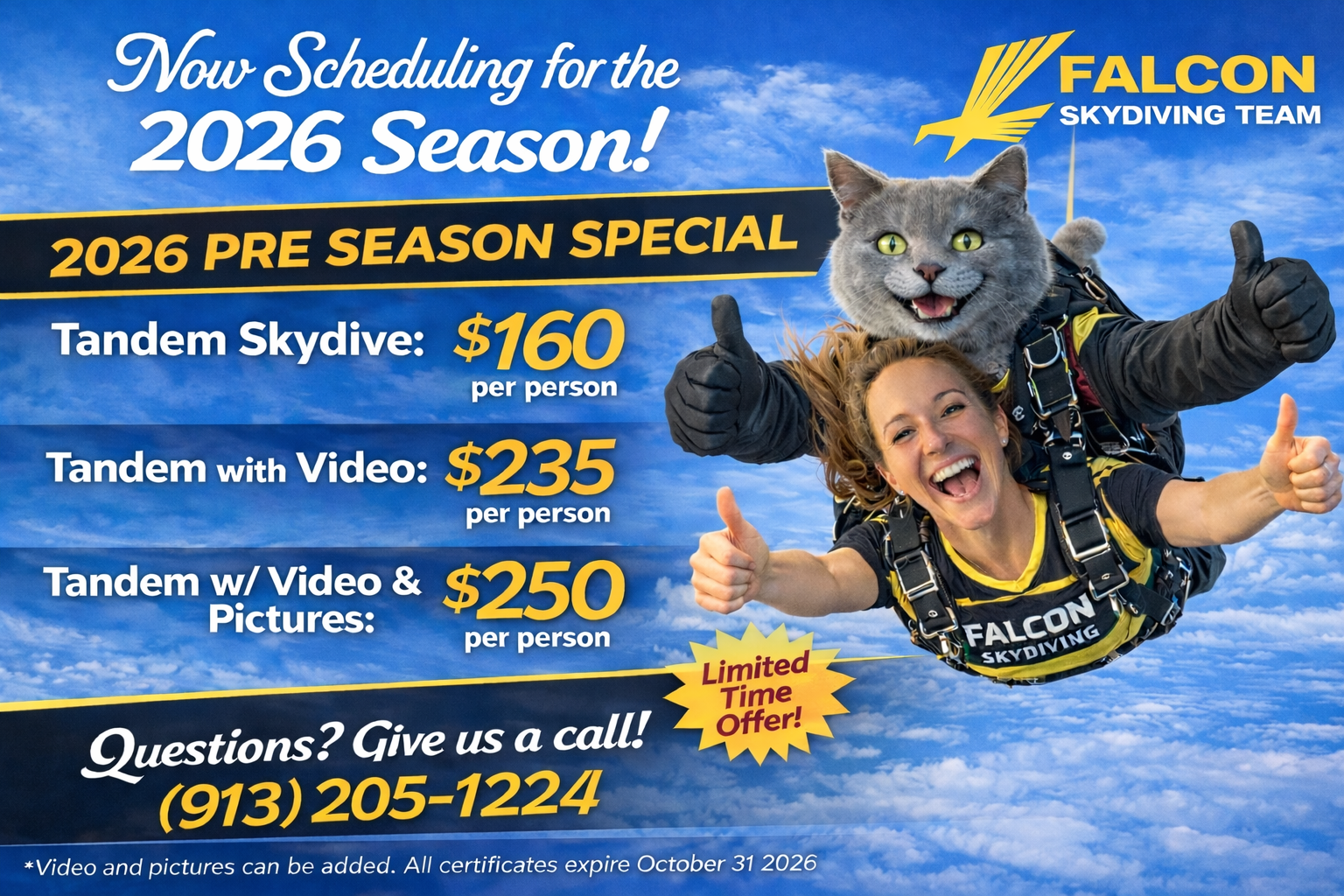 Tandem skydiving in Kansas City, Missouri during freefall over the skyline