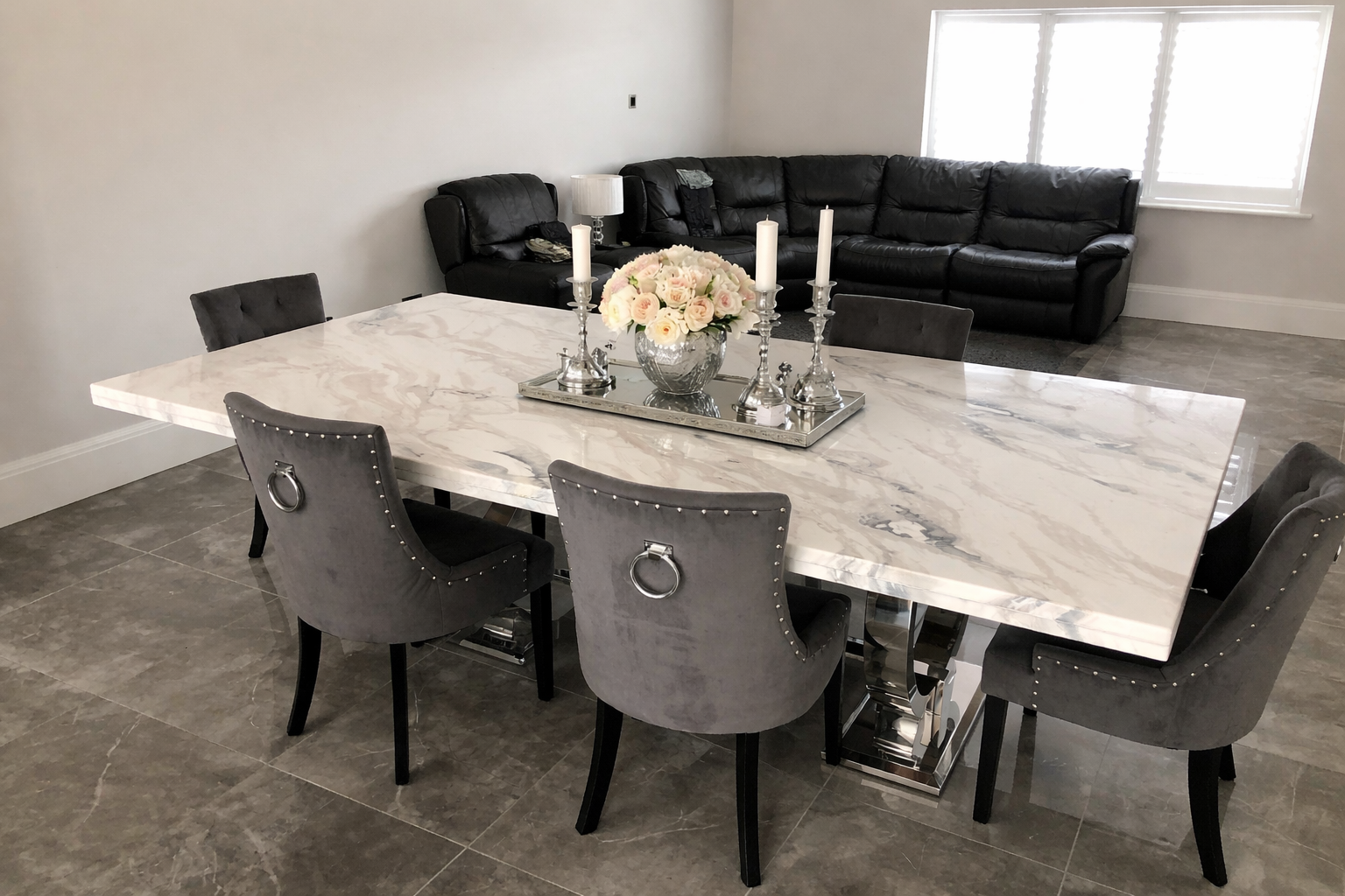 Bespoke marble dining table with chrome base, Birchwood Road SE London