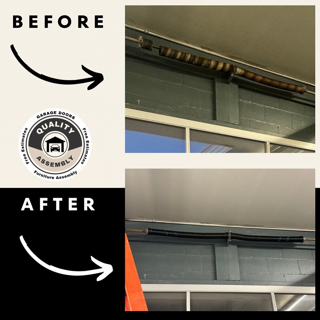 Before/After: Garage door assembly repair. Old spring replaced with a new black spring above the door.