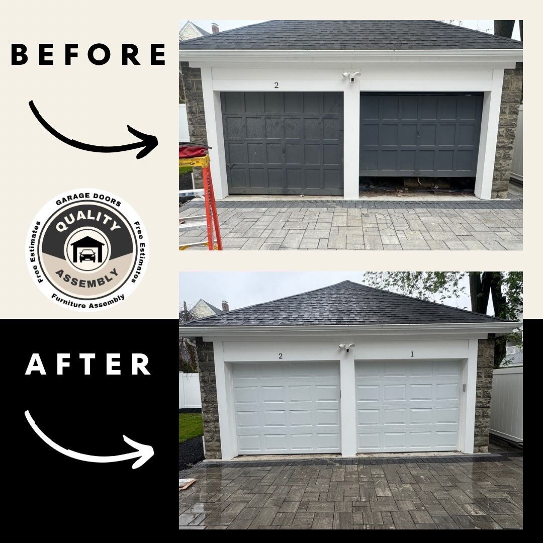 Garage door transformation: black to white, before and after. Stone facade, paved drive.