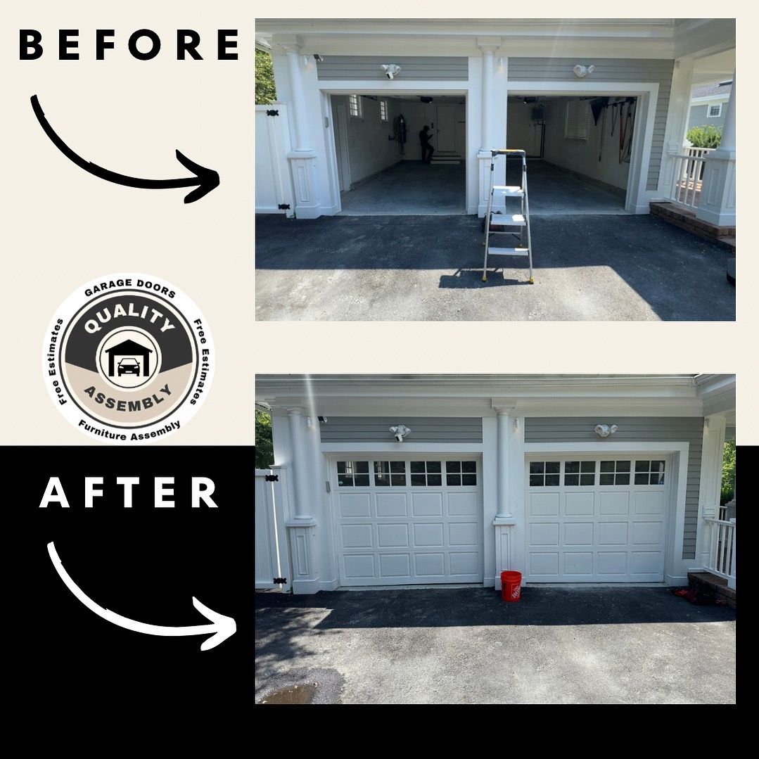 Before/after of a garage: open garage doors; replaced by white paneled doors.