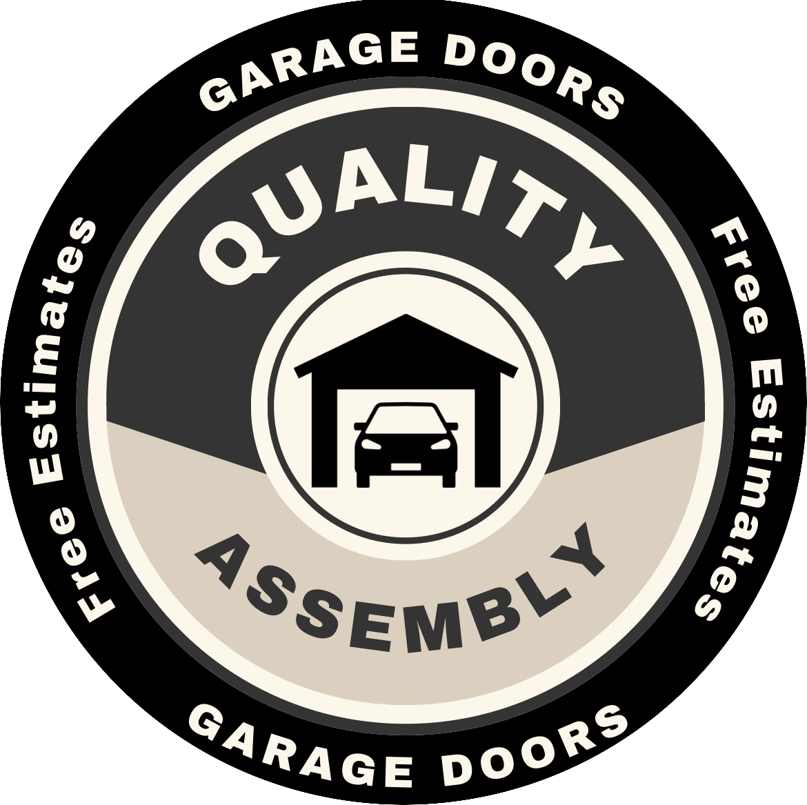 Black, gray, and beige logo for garage doors. Features 