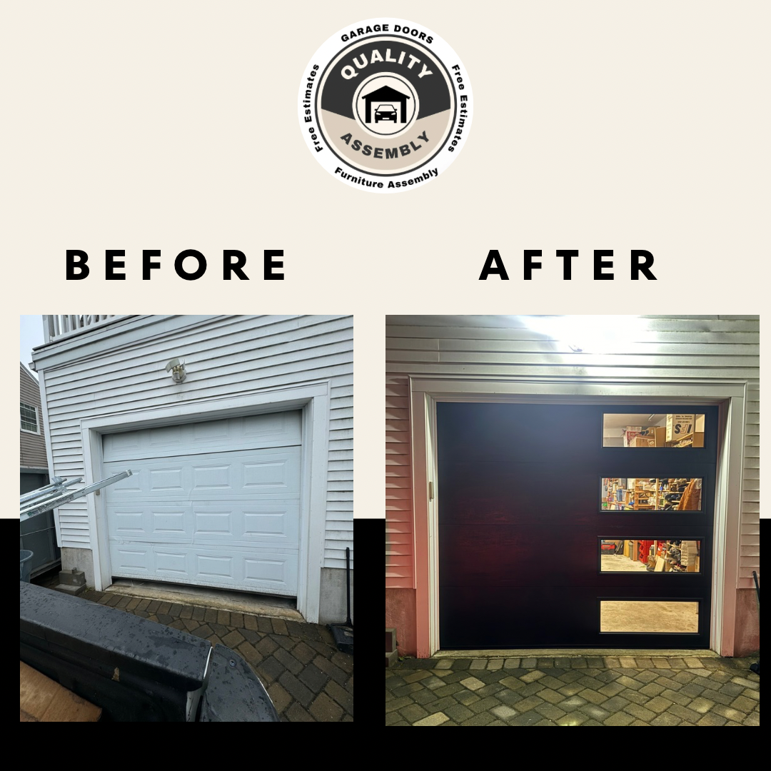 Garage door transformation: white door before, modern black door with windows after.