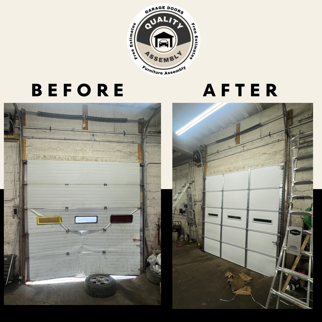 Garage door before and after: old white door with windows replaced by a solid white door.