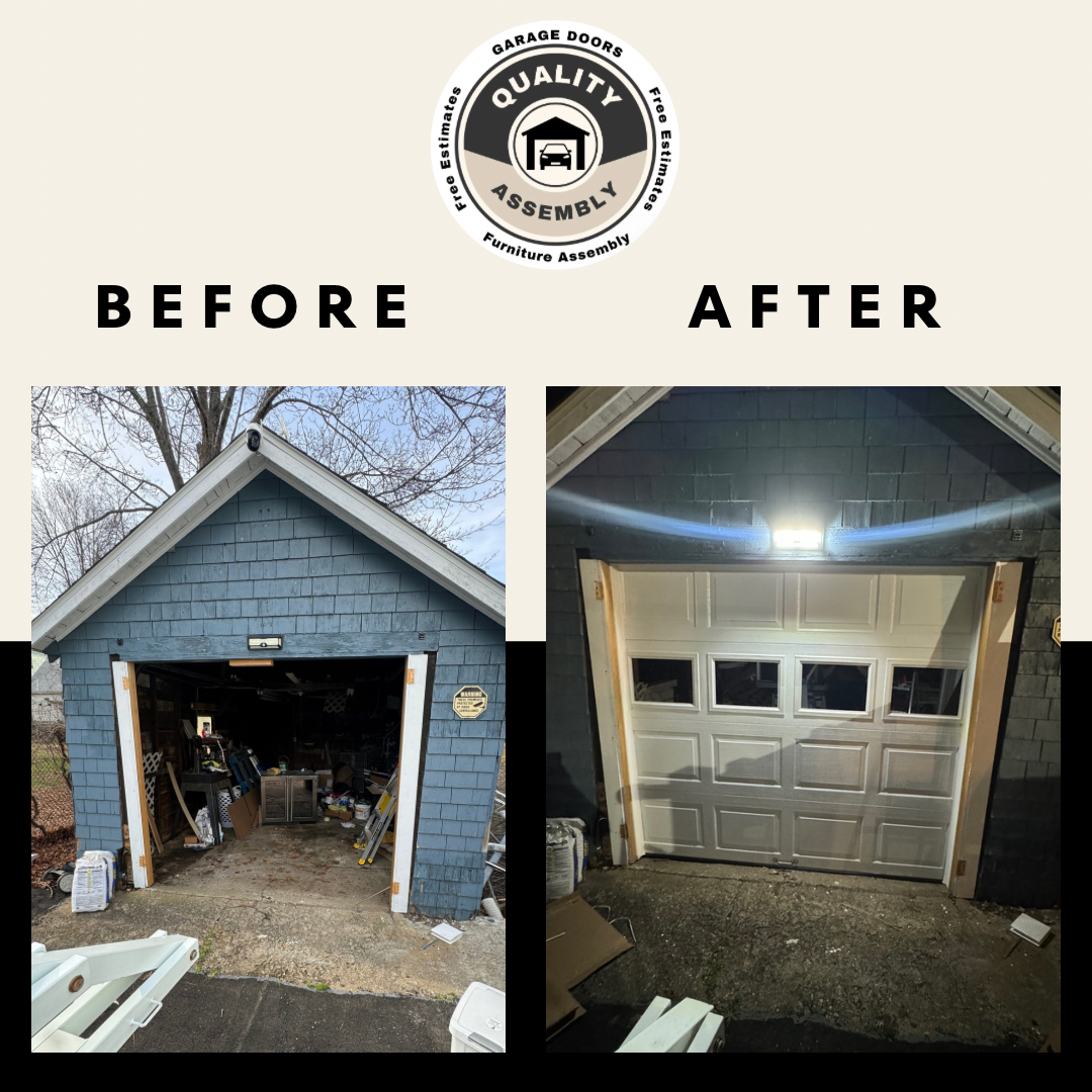Garage renovation before and after. Blue exterior, old doorway transformed with white door, new posts.