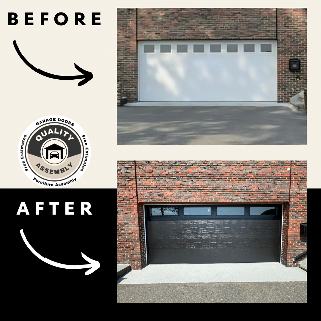 Before and after of a garage door. The white door is replaced with a black one, brick building.